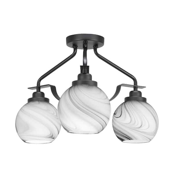 Unbranded Zara 16.75 in. 3-Light Matte Black Semi-Flush with 5.75 in. Onyx Swirl Glass Shades No Bulbs Included