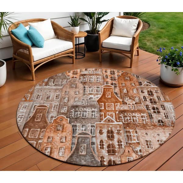 Orange, Copper, Salmon 8 ft. Round Woven Geometric Polyester Round Indoor/Outdoor Area Rug