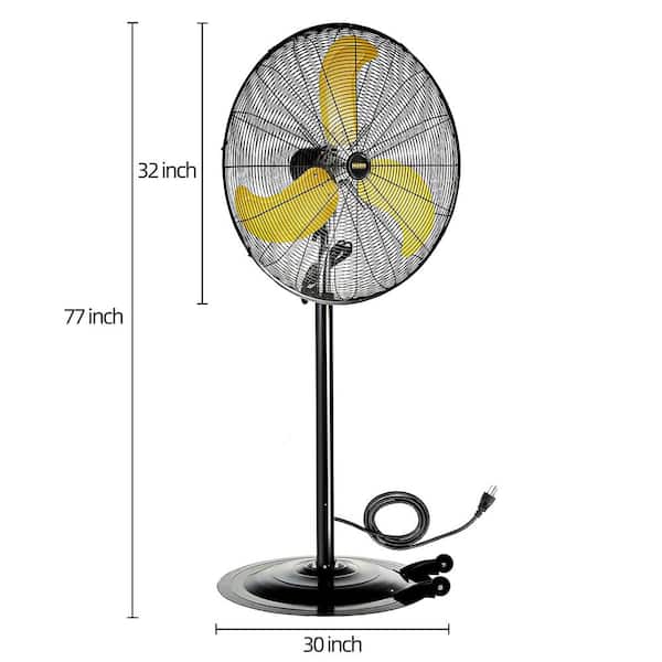 30 in. 3 Fan Speeds Pedestal Oscillating Fan in Yellow with Wheels, Adjustable Height Commercial or Industrial Fan