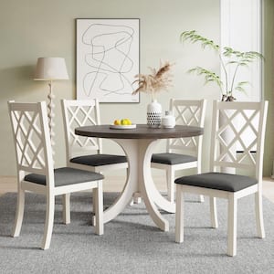Mid-Century 5-piece Brown Round MDF Top Dining Table Set Seats 4 with Gray Upholstered Chairs