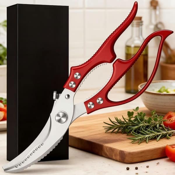 Heavy Duty Poultry Shears, Spring Loaded Kitchen Scissors with Non-Slip Handle and Safety Lock, Dishwasher Safe, Red