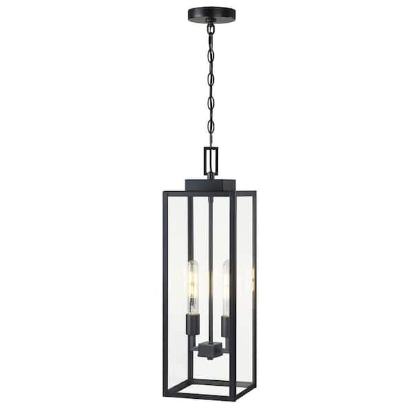 Alfa 27 in. 2-Light Matte Black Dimmable Outdoor Pendant Light with Clear Glass and No Bulbs Included
