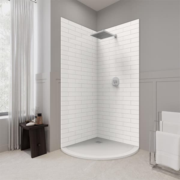 CASTICO Corner Round 37 in. L x 37 in. W x 84 in. H Solid Composite Stone Shower Kit w/Subway Walls and White Shower Pan Base