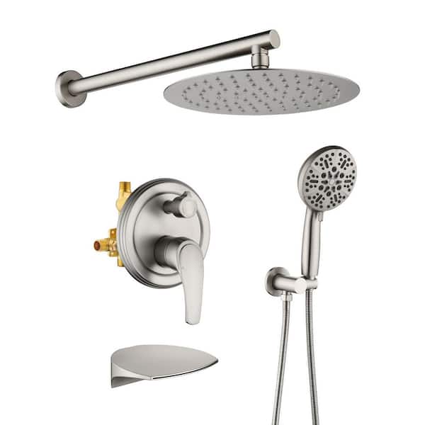 Rain Single Handle 7-Spray Tub Shower Faucet Handheld Combo with Valve 1.8 GPM 10 in. Adjustable Head in Nickel