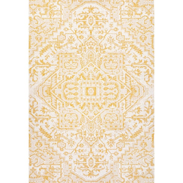 Estrella Bohemian Medallion Textured Weave Cream/Yellow 9 ft. x 12 ft. Indoor/Outdoor Area Rug