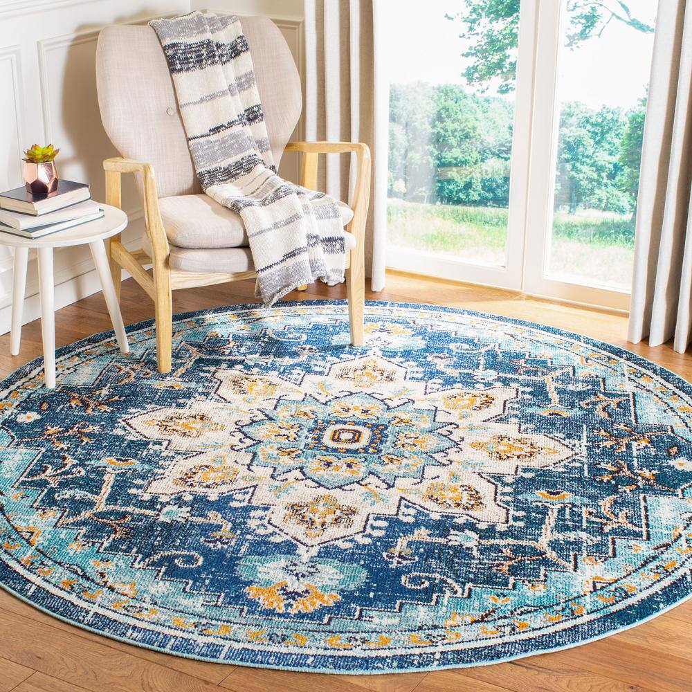 Blue and Light Blue Round Synthetic Non-slip Area Rug