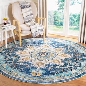 Madison Blue/Light Blue 8 ft. x 8 ft. Border Geometric Floral Medallion Round Area Rug