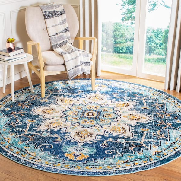 Madison Blue/Light Blue 9 ft. x 9 ft. Distressed Border Round Area Rug