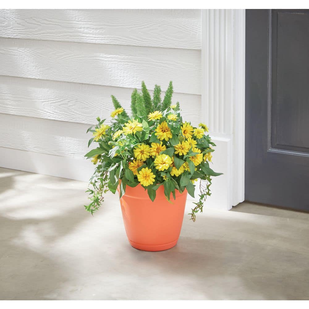 Vigoro 11.9 in. Bea Medium Orange Resin Planter (11.9 in. D x 10.7 in. H) With Drainage Hole and Attached Saucer