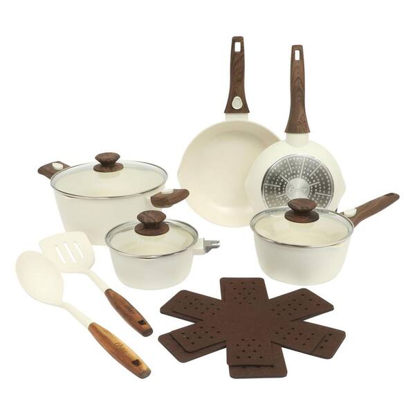 18 Piece Ceramic Nonstick Cookware Set in Matte Linen