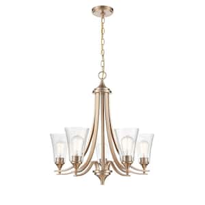 Natalie 27.75 in. 5-Light Modern Gold Chandelier Light with Clear Seeded Shade