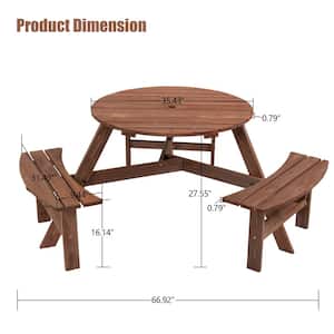 66.92 in. W Brown Round Outdoor Wooden Picnic Table Seats 6 (Includes 3 Built-In Benches) for Patios and DIY