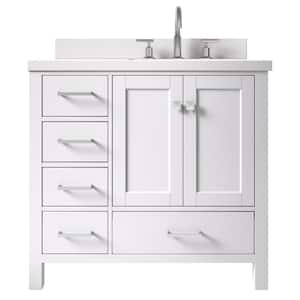 Cambridge 37 in. W x 22 in. D x 36 in. H Vanity in White with Pure White Quartz Top