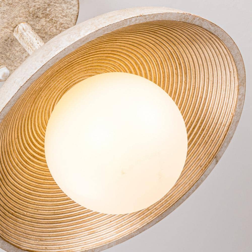 White Glass and Wood Farmhouse Semi-Flush Mount Light