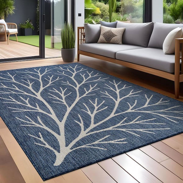 Flora Blue 8 ft. x 10 ft. Coral Branch Washable Indoor Outdoor Area Rug