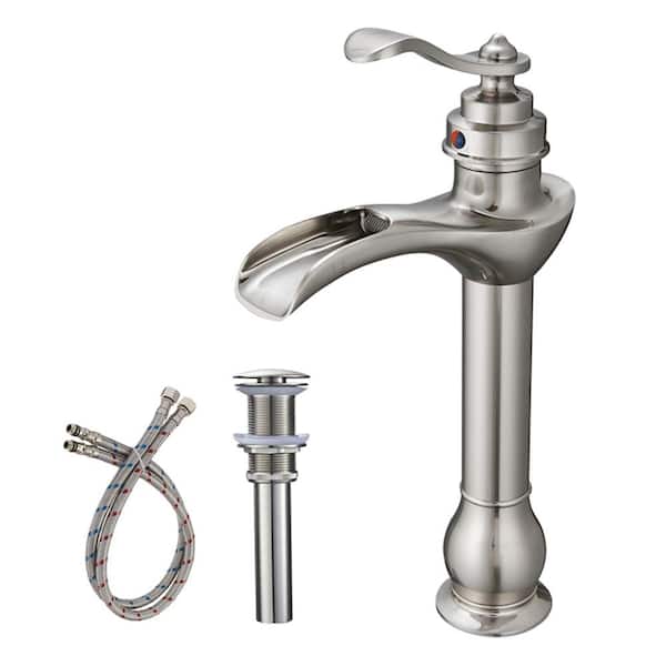 Unbranded Single Handle Single Hole Waterfall Bathroom Vessel Sink Faucet with Pop-Up Drain Assembly Included in Brushed Nickel