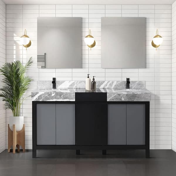Lexora Zilara 60 in W x 22 in D Black and Grey Double Bath Vanity, Castle Grey Marble Top and Matte Black Faucet Set