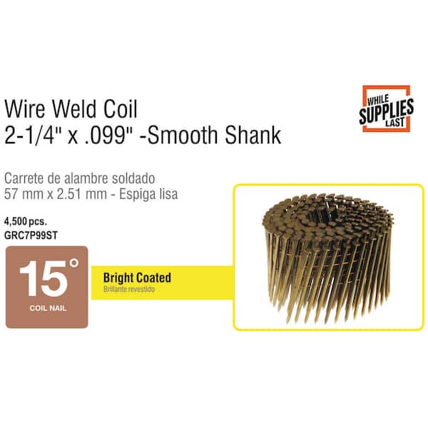 2-1/4 x .099 in. 15° Wire Collated Vinyl Coated Smooth Shank Coil Framing Nails 4500 per Box