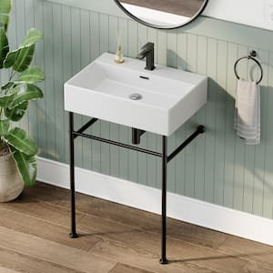 24 in. Ceramic White Rectangular Bathroom Console Sink with Black Legs and Overflow