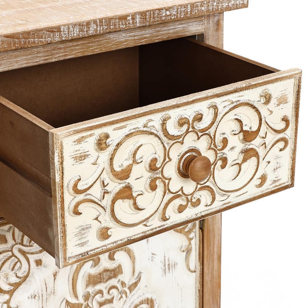 Rustic Floral Carved Wood and Metal End Table with Storage