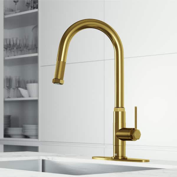 VIGO Hart Arched Single Handle Pull-Down Spout Kitchen Faucet Set with Deck Plate in Matte Brushed Gold