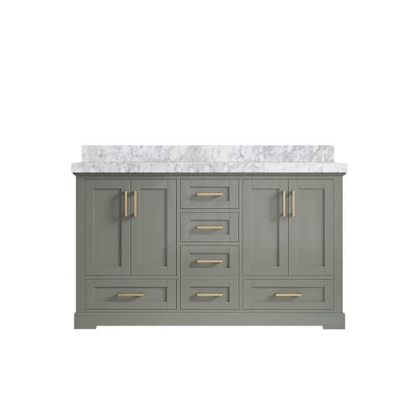 Willow Collections Boston 60 in. W x 22 in. D x 36 in. H Double Sink Bath Vanity in Evergreen with 2 in. Carrara Marble Top