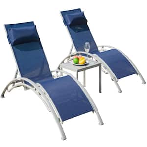 Set of 3 Adjustable Pool Lounge Chair Aluminum Outdoor Lounge Chairs with Metal Side Table All Weather in Blue