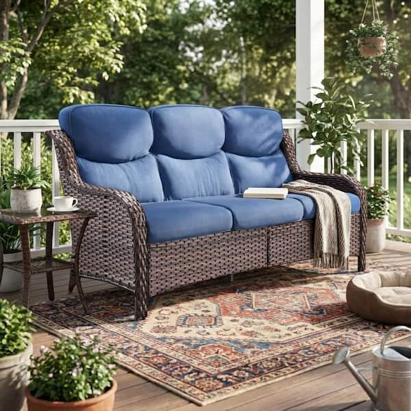 LunaCurve 3-Seat Brown PE Wicker Outdoor Couch with 5 in. olefin Blue Cushions /Patio Sofa Furniture