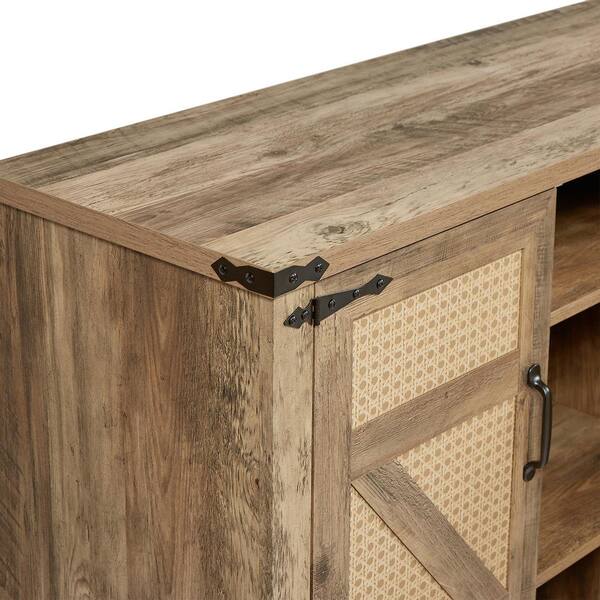 FUNKOL 64.96 in. x 15.75 in. x 34.05 in. Oak Color Wooden Faux Rattan Wine Cooler w/4 Magnetic Bin-Doors and Adjustable Shelves