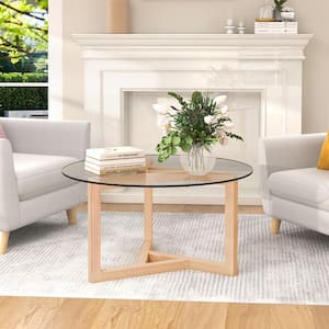 Natural 36 in. Medium Round Tempered Glass Top and Sturdy Wood Base Coffee Table