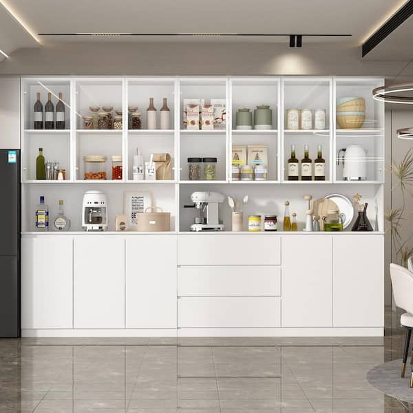 FUFU&GAGA White Wood 110.2 in. W Buffet with Hutch Combination Sideboard Kitchen Cabinet With Tempered Glass Doors, 3 Drawers