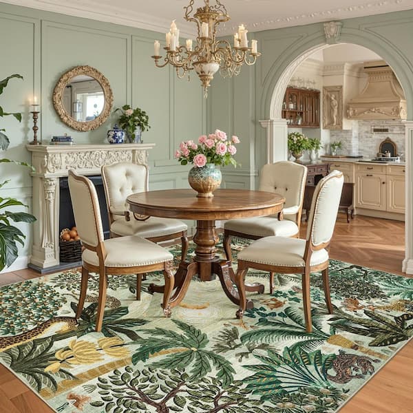 Green 9 ft. x 12 ft. Washable Jungle Botanical Print Rug Soft and Non-Slip for Bedrooms Kid's Rooms and Offices