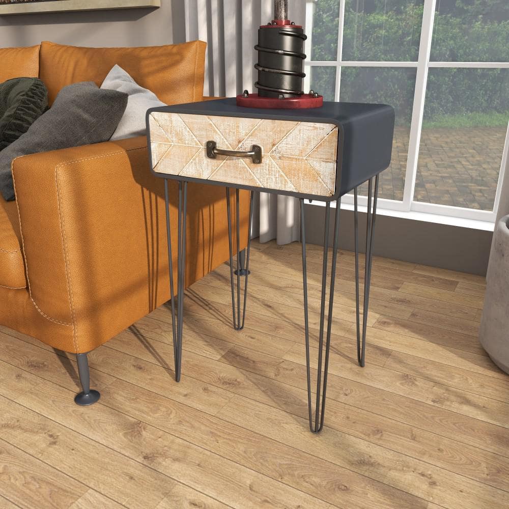 Black and Beige Metal Wood Accent Table with Drawer