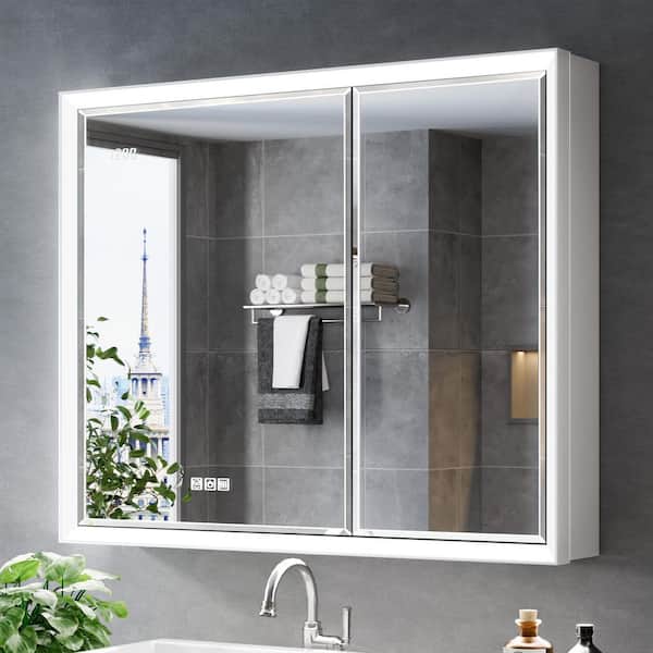 Anglora 36 in. W x 30 in. H LED Beveled Edge Rectangular Aluminum Recessed/Surface Wall Medicine Cabinet with Mirror