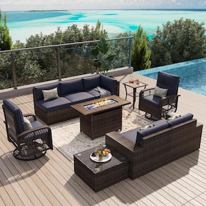 10-Piece Outdoor Fire Pit Patio Set, Sectional Set with Swivel Rocking Chairs, Coffee Table, Blue Cushions, Set Covers