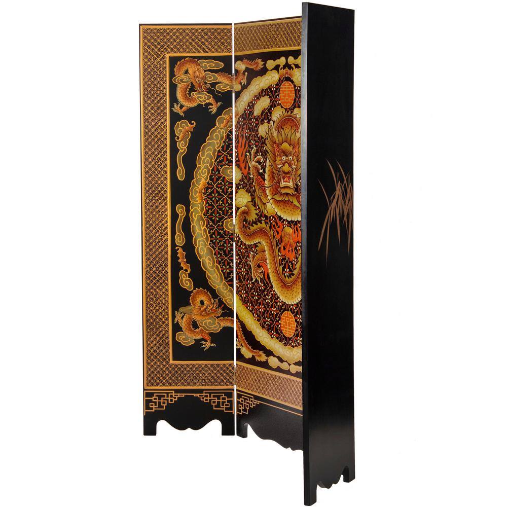 6 Ft Tall Black Lacquer Elm Wood Dragon Room Divider