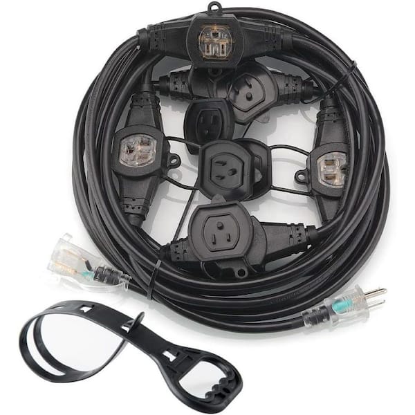 25 ft. 12 / 3 6 Conductor Indoor / Outdoor Extension Cord with 6 Evenly-Spaced Plug Outlet in Black