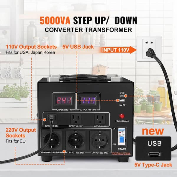 5000-Watt Voltage Converter Transformer, Step Up/Down 110V-220V, For Single-Phase Electricity Only, CE Certified