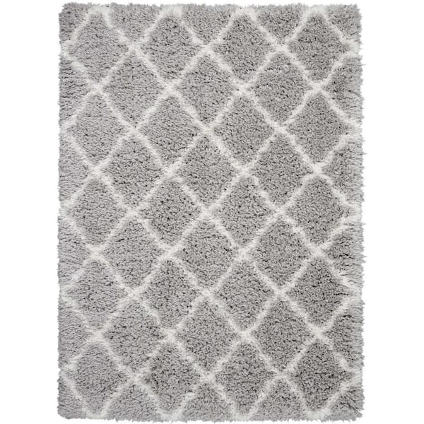 Nourison Ultra Plush Shag Grey/Ivory 5 ft. x 8 ft. Abstract Plush Contemporary Area Rug