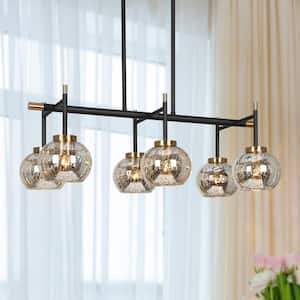 27.5 in. 6-Light Modern Black Island Chandelier, Transitional Brass Pendant Light, Mercury Glass Dining Room Chandelier