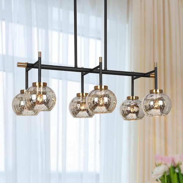Zevni 27.5 in. 6-Light Modern Black Island Chandelier, Transitional Brass Pendant Light, Mercury Glass Dining Room Chandelier