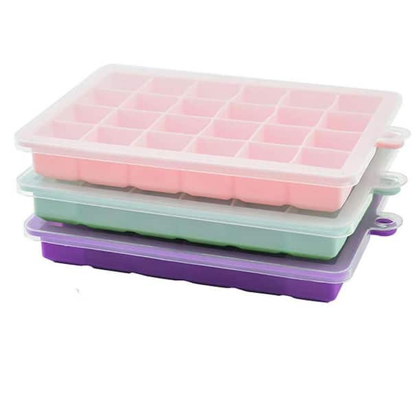 Silicone Easy Release Ice Cube Mold Tray Set Pink Light Blue Purple Stackable Covered Kitchen Accessory 3 Pack