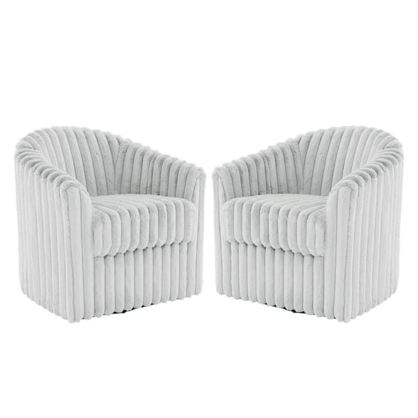 Uixe Blue Gray Faux Rabbit Fur Polyester 360° Swivel Barrel Arm Chair With Metal Base (Set of 2)