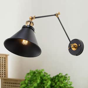 Matte Black Industrial Wall Sconce 1-Light Bell Swing Arm Desk Lamp Hardwired/Plug-In Modern Brass Wall Light