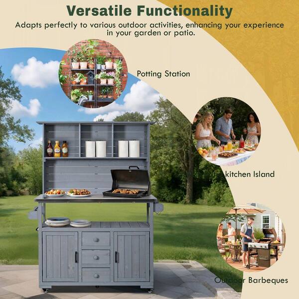 Gray Wood 65 in. H 3-in-1 Garden Potting Bench Kitchen Island with
