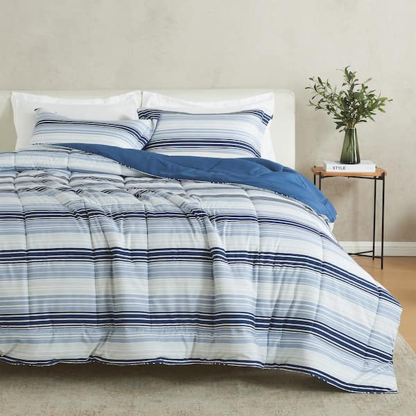 FRESHFOLDS Blue 2 Piece Blue Gradient Stripe Reversible Down Alternative Twin Microfiber Comforter Set
