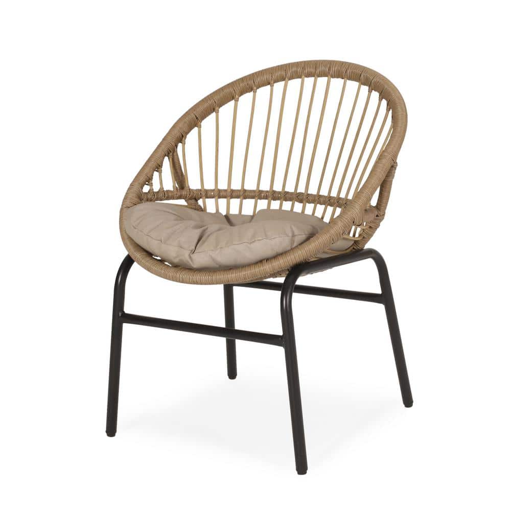Light Brown and Beige Wicker Outdoor Dining Chairs with Cushions, Set of 2