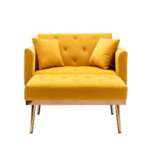 Yellow Modern Velvet Tufted Chaise Lounge Chair with Golden Metal Legs