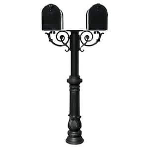 Hanford Twin Black Post System Non-Locking Mailbox with Scroll Supports, Ornate Base and Two E1 Mailboxes