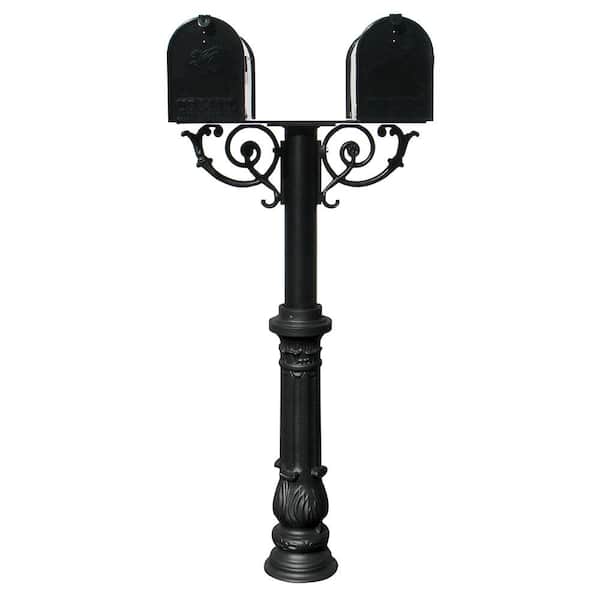 QualArc Hanford Twin Black Post System Non-Locking Mailbox with Scroll Supports, Ornate Base and Two E1 Mailboxes